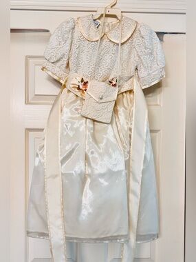Girls' Ivory Lace & Satin Dress with Bow Accent